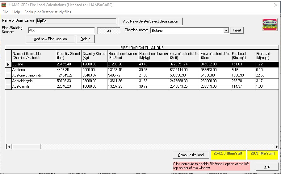 Fire load calculation software