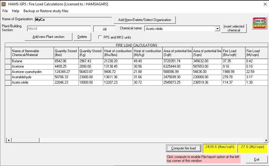 Fire load calculation software